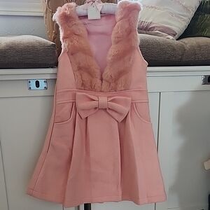 Doe a Dear Pink Wool Dress with Faux Fur Trim Size 6 kdr3